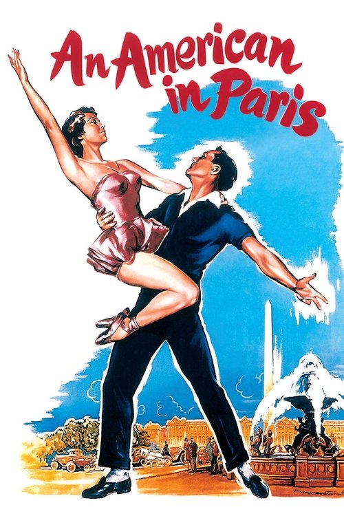 This vibrant poster captures a classic Hollywood romance with a lively, romantic atmosphere. The couple dances passionately against a backdrop of Parisian landmarks, with warm golden hues and bright blues creating an idyllic mood.