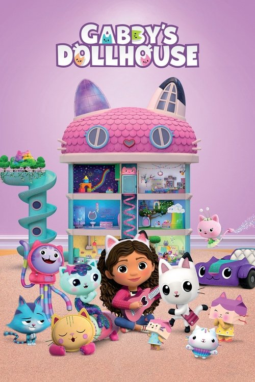 The vibrant poster features a playful scene with a girl and several colorful dolls, including a pink cat and a blue dinosaur. The pastel pink and purple hues create a whimsical atmosphere, while the cheerful expressions of the characters evoke a sense of fun and adventure.