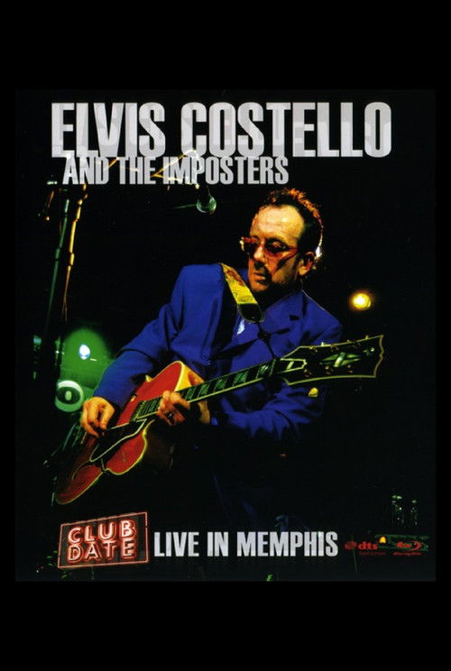 Elvis Costello and The Imposters are captured mid-performance, playing a guitar with a passionate energy. The poster features a dark background with vibrant green and red accents, creating a dynamic and energetic atmosphere. The image conveys a sense of excitement and musical passion, reflecting ...