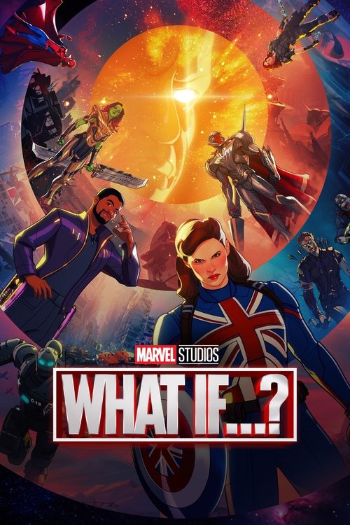 The poster features a dynamic scene with Marvel characters in a futuristic cityscape, set against a vibrant orange and red background. The mood is adventurous and exciting, with characters posed in action poses, suggesting a thrilling narrative. The title "What If...?" is prominently displayed, h...