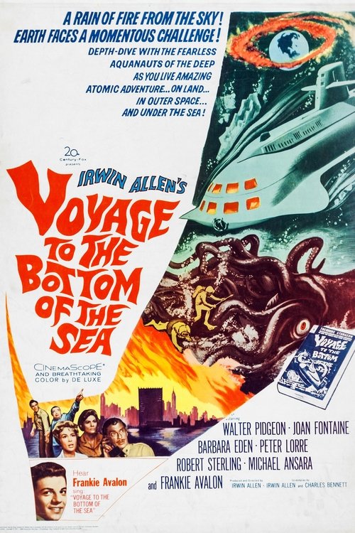 This poster features a dramatic underwater scene with a menacing sea monster looming over a group of characters. The fiery orange and deep blue hues create an intense and adventurous mood, emphasizing the perilous journey to the bottom of the sea.