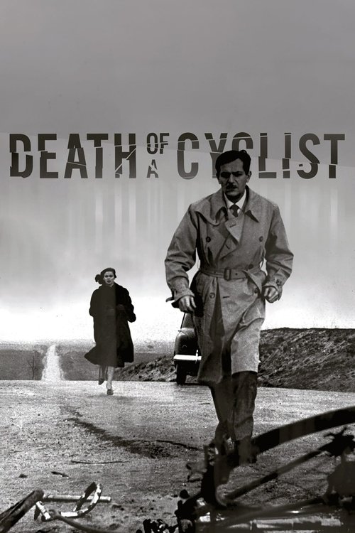 The poster features a gritty, sepia-toned image of a man in a trench coat walking toward the viewer, with another figure in the background. The title "DEATH OF A CYCLIST" is prominently displayed in bold, distressed typography. The mood is somber and intense, capturing the raw emotion of a tragic...