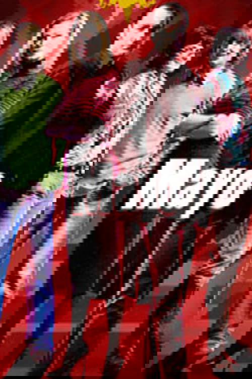 The poster features four characters standing against a vibrant red background, exuding a playful and energetic mood. The bold "Mayo" title dominates the center, with each character dressed in colorful, casual attire that reflects their individual personalities.