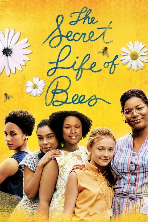 The poster features five diverse African American women standing in a warm, sunlit yellow field. They smile warmly, exuding a sense of joy and community. The title, "The Secret Life of Bees," is elegantly written in blue script against the vibrant background. The overall mood is cheerful and invi...