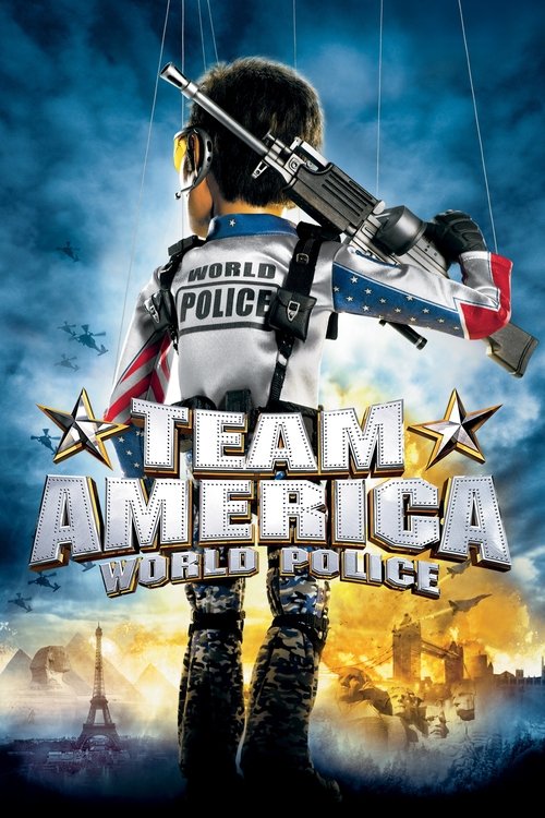 The poster features a soldier in a white uniform with "World Police" emblazoned on the back, holding a rifle and a flag. The background showcases dramatic skies with stars, while the lower section displays a cityscape with the Eiffel Tower and burning buildings, suggesting conflict. The overall m...