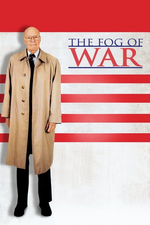 The poster features a man in a trench coat against a backdrop of red and white stripes, evoking a sense of mystery and historical drama. The title "The Fog of War" is prominently displayed in bold lettering, suggesting themes of espionage and strategic deception.