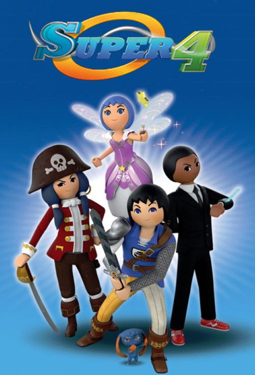 The vibrant poster features four animated characters against a bright blue background, with colorful details like the pirate's red coat, the fairy's purple dress, and the boy's blue shirt. The overall mood is playful and energetic, capturing the essence of a fun-filled animated series.