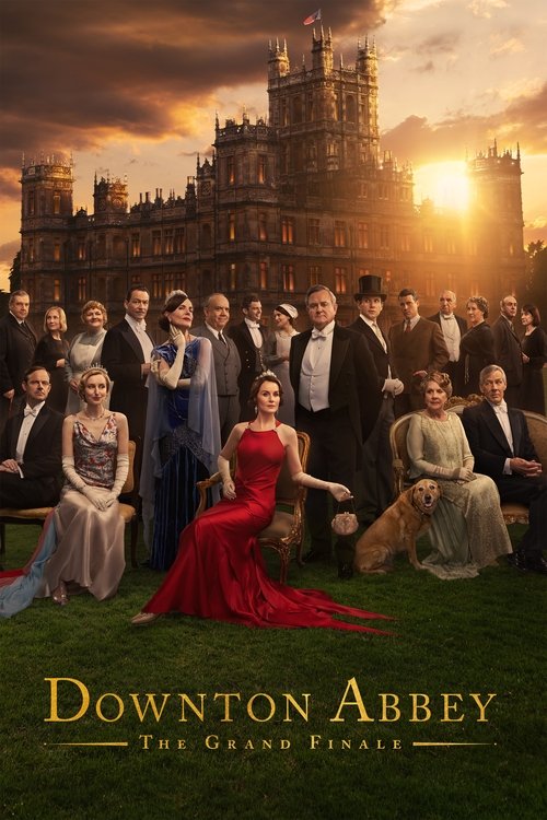 The poster features a grand, historic mansion set against a dramatic sunset, with a diverse cast of characters in formal attire. The warm golden hues of the sky contrast with the rich colors of the dresses, creating an elegant and timeless atmosphere. The mood is one of celebration and nostalgia,...