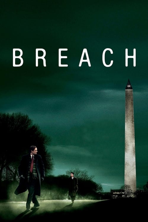 The poster features a dark, ominous green sky with silhouettes of two figures walking toward a tall, weathered lighthouse. The title "BREACH" is prominently displayed in bold, white capital letters at the top. The overall mood is eerie and suspenseful, suggesting a thriller or horror genre.