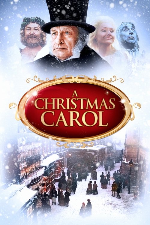 The poster features a snowy winter scene with a group of people gathered in a bustling town. Above them, four characters are depicted in a sepia-toned portrait, each with distinct expressions. The title "A Christmas Carol" is elegantly displayed in a gold-bordered oval, evoking a classic, timeles...