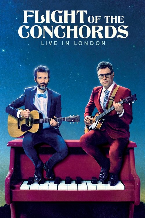 The poster features two men in vibrant red suits playing guitars on a grand piano, set against a starry night sky. The mood is festive and celebratory, capturing the essence of a live concert performance.