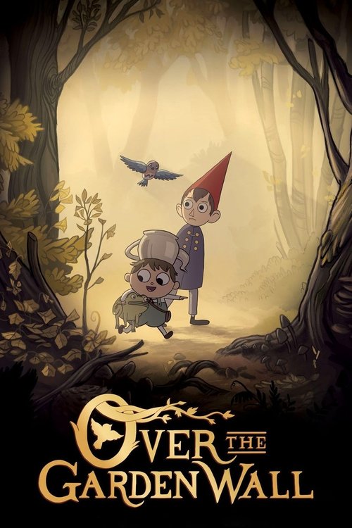 The poster features two children in a misty garden, with one pointing toward a bird flying overhead. The warm, golden hues of the forest contrast with the soft, dreamy atmosphere. The title, "Over the Garden Wall," is elegantly displayed at the bottom, evoking a sense of wonder and childhood adve...