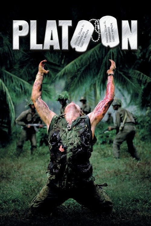 This movie poster for "Platoon" depicts a gritty, intense scene with soldiers in combat gear, their arms raised in a defiant stance. The dark, moody atmosphere with muted greens and browns conveys a somber and tense mood. The title "PLATOON" is prominently displayed at the top, emphasizing the fi...