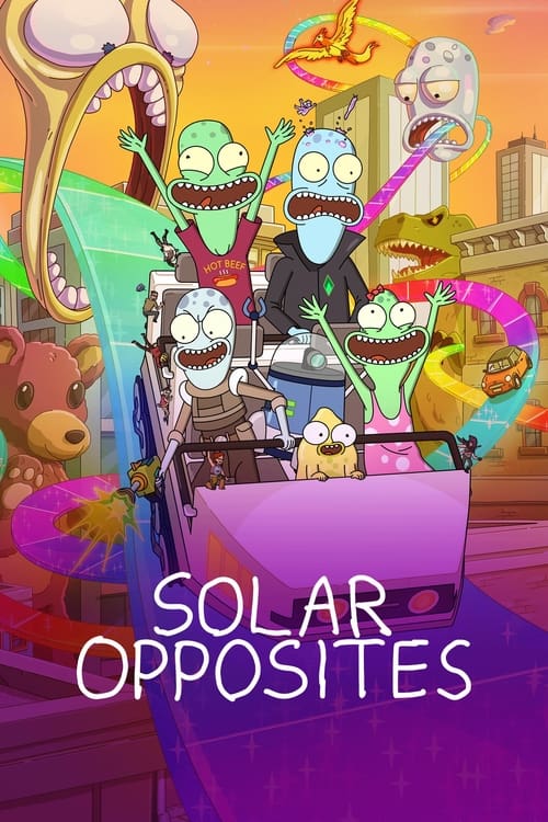This vibrant poster features a whimsical scene with anthropomorphic characters in colorful, fantastical costumes. The lively atmosphere is enhanced by bright, saturated colors and playful, exaggerated expressions. The title "Solar Opposites" is prominently displayed at the bottom, suggesting a th...