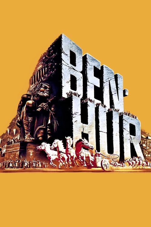 This movie poster features a dramatic scene with a large, imposing stone structure dominating the center, surrounded by figures in period clothing. The bold, metallic lettering spells out "BEN-HUR" in stark contrast against a warm, golden background. The mood is intense and epic, capturing the gr...
