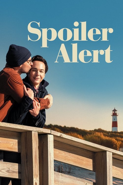 The poster features two young people embracing on a wooden pier against a clear blue sky. The warm tones of their clothing and the vibrant sunset create a cozy, intimate mood. The title "Spoiler Alert" is prominently displayed in bold, white letters, hinting at the thrilling content within.