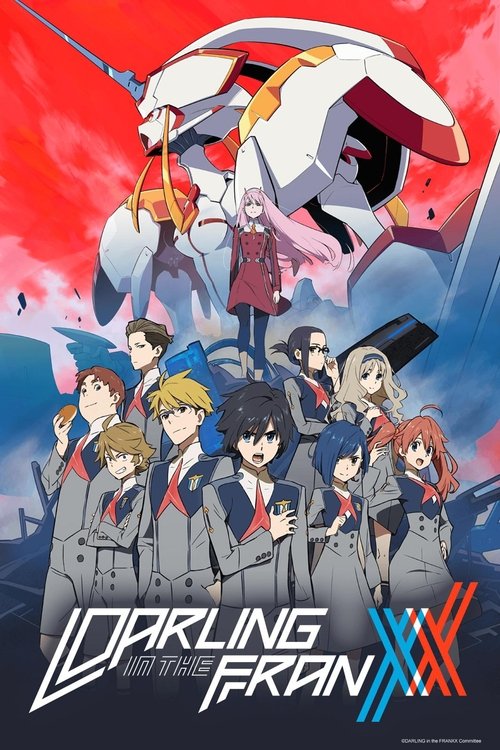 This poster features a group of young characters in school uniforms, standing in front of a large, futuristic robot in a dramatic red and blue sky. The vibrant colors and dynamic composition convey excitement and adventure, capturing the essence of the show's sci-fi setting.