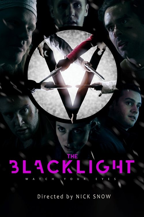 The poster features a dramatic scene with a central figure in a blacklight, surrounded by menacing faces. The dark, moody atmosphere is enhanced by the stark contrast between the bright light and shadowy figures. The title "The Blacklight" is prominently displayed in bold pink letters, evoking my...