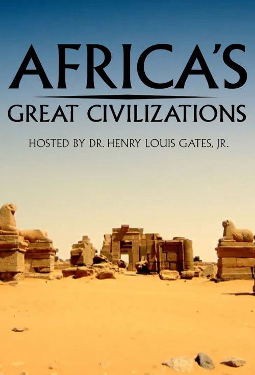 The poster features a serene desert landscape with ancient stone structures, evoking a sense of mystery and historical depth. The warm sandy tones and clear sky create a peaceful yet intriguing atmosphere, inviting viewers to explore the rich cultural tapestry of Africa's civilizations.