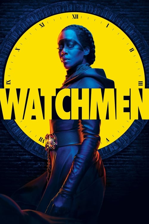 The poster features a striking woman in a dark, hooded outfit against a vibrant yellow background. The bold, red text "WATCHMEN" dominates the center, while the clock face around it suggests time and urgency. The overall mood is intense and mysterious, capturing the essence of the show's gritty, ...