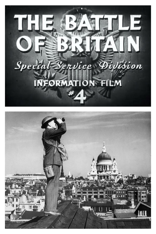 The poster features a soldier in a trench coat, looking up at a distant cityscape under a cloudy sky. The black-and-white image evokes a somber and reflective mood, emphasizing the historical gravity of the Battle of Britain.