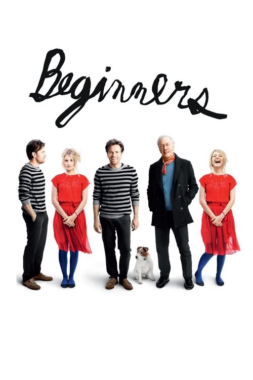 This movie poster features five actors in a casual, relaxed pose against a stark white background, with the title "Beginners" elegantly written in cursive above them. The vibrant red dresses and striped shirts create a playful yet stylish atmosphere, suggesting a fun and approachable comedy. The ...