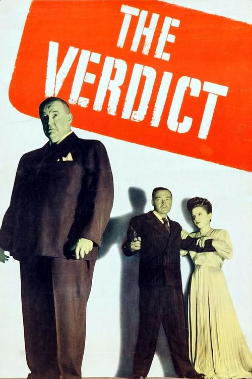The poster features a dramatic scene with a man in a dark suit standing prominently on the left, while two others stand beside him in formal attire. The bold red background with the white text "THE VERDICT" creates a striking visual impact, evoking a sense of authority and mystery.