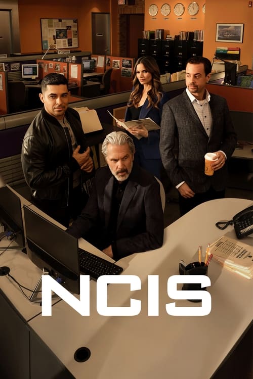 The poster features four characters in a modern office setting, with a computer desk in the foreground displaying the "NCIS" logo. The warm orange tones and professional attire suggest a serious, investigative tone. The characters appear engaged and ready for action, capturing the essence of a hi...