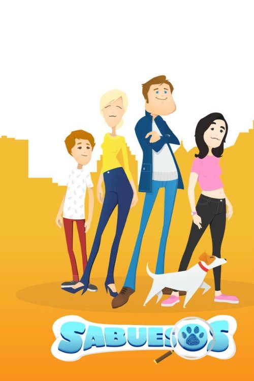 The poster features a cheerful family of four—two adults and two children—standing together with a playful dog. The warm orange and yellow tones create a lively, inviting atmosphere, while the bright, cartoonish style evokes a sense of fun and adventure.