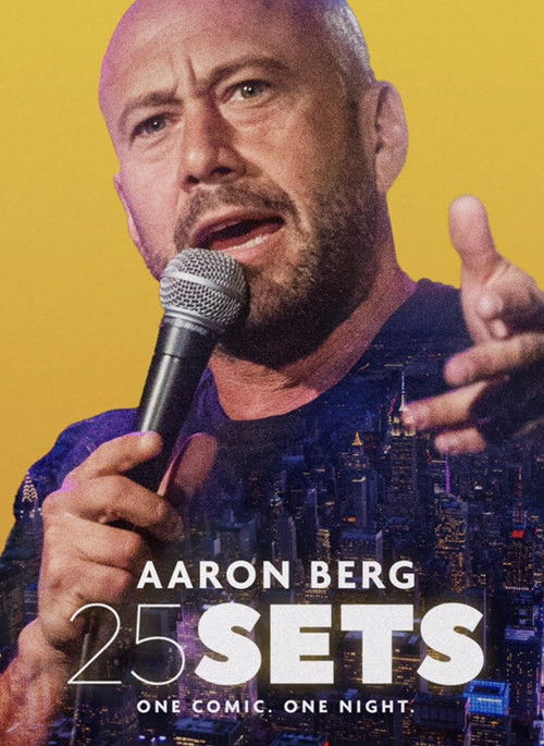 The poster features a bald man with a beard holding a microphone, exuding a serious and passionate mood. The background is a vibrant yellow, contrasting with the dark blue cityscape at the bottom, suggesting urban action or drama. The title "25 Sets" is prominently displayed in bold white letters...