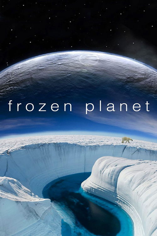 The poster features a breathtaking view of the Earth from space, with a frozen planet looming in the foreground. The icy landscape is rendered in cool blues and whites, evoking a sense of cold and mystery. The title "Frozen Planet" is prominently displayed in white text against the dark backdrop,...