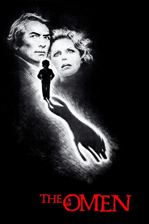 The Omen poster features a dramatic black-and-white image of a man and woman with a ghostly figure in the background. The title "The Omen" is displayed in bold red letters at the bottom, evoking a sense of horror and suspense.
