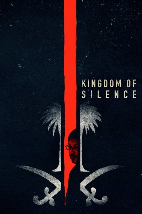 The poster features a dark, starry background with a striking red vertical line dividing the screen. Two palm trees and crossed swords frame a silhouette of a person's face, evoking mystery and suspense. The title "Kingdom of Silence" is elegantly placed in white text, suggesting an eerie and eni...