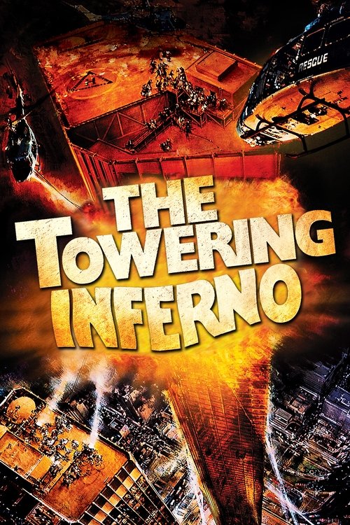 The poster depicts a chaotic scene with soldiers in a burning arena, surrounded by fiery explosions and debris. A helicopter labeled "RESCUE" hovers nearby, adding to the urgency. The vibrant orange and red hues convey a sense of destruction and danger, while the bold title "THE TOWERING INFERNO"...