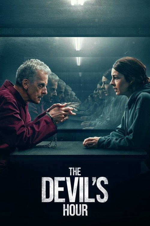 The poster features two characters in dimly lit, moody lighting. The man on the left wears a maroon shirt and gestures with his hand, while the woman on the right looks intently at him. The title "The Devil's Hour" is prominently displayed in bold white letters at the bottom.
