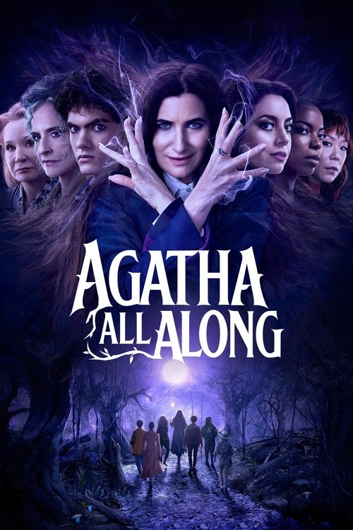 The poster features a mysterious woman in the center with hands raised, surrounded by eerie, ghostly figures in a dark, atmospheric setting. The title "Agatha All Along" is prominently displayed in bold, white lettering. The overall mood is suspenseful and supernatural, with deep purples and blue...
