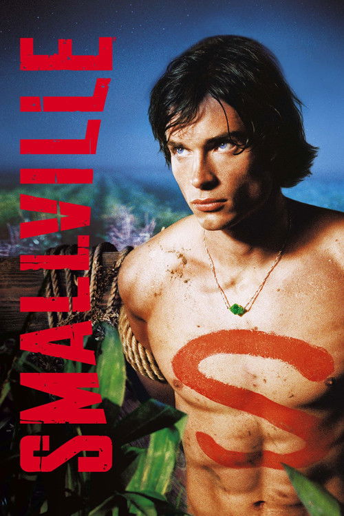 A muscular man with dark hair and a green necklace stands shirtless, exuding strength and confidence. The poster features bold red text on the left, set against a vibrant blue background with lush green foliage. The overall mood is intense and dramatic, capturing the essence of the show's action-...