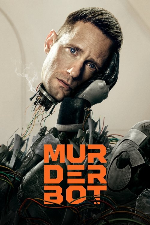 The poster features a man with a robotic face, his eyes glowing with a mysterious intensity. The bold orange text "MURDERBOT" dominates the lower portion, creating a striking contrast against the dark, industrial background. The overall mood is suspenseful and ominous, hinting at a thrilling and ...