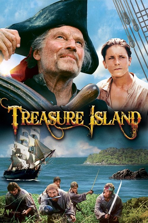 The poster features a dramatic scene with a pirate captain in a black hat and a woman in period clothing, both looking upward with expressions of awe and determination. The title "Treasure Island" glows in golden hues against a backdrop of lush greenery and a distant island. Below, a group of men...