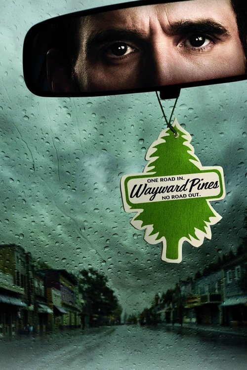 The poster features a close-up of a man's intense eyes, set against a moody, rain-slicked street scene. A green pine tree-shaped tag hangs from the rearview mirror, symbolizing the show's theme of wandering. The overall atmosphere is dark and mysterious, evoking a sense of isolation and introspec...