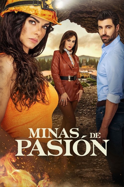 The poster features a dramatic scene with a woman in an orange dress and yellow hat, a man in a blue shirt, and another woman in a red jacket. The warm, earthy tones and fiery background evoke a passionate and intense atmosphere.