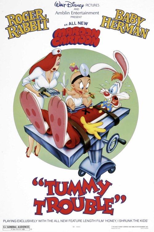 This vibrant movie poster features Tummy Trouble, a mischievous rat with a mischievous grin, riding a red and blue carriage while a cheerful woman and a playful dog accompany him. The bright colors and cartoonish style create a fun and lighthearted mood, perfectly capturing the essence of the cla...
