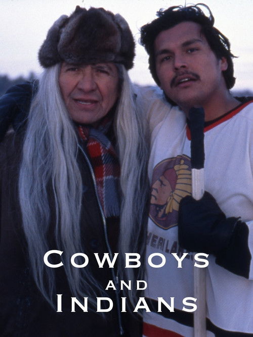 The poster features two iconic figures: a Native American man with long white hair and a fur hat, and a Native American man in a hockey jersey, both holding hockey sticks. The warm, earthy tones and rugged textures evoke a sense of adventure and camaraderie, capturing the spirit of the American W...