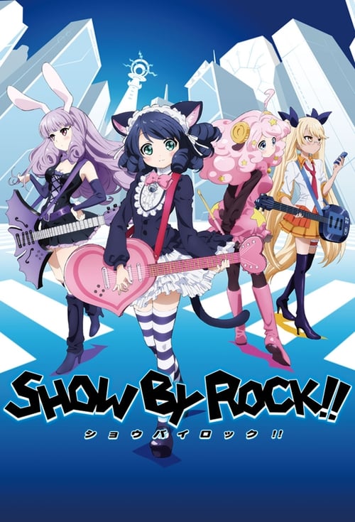 This vibrant poster features four anime-style characters in dynamic poses against a backdrop of icy blue and white structures. The characters exude energy and excitement, with bold colors like pink, purple, and black dominating the scene. The title "Show by Rock!!" is prominently displayed at the...