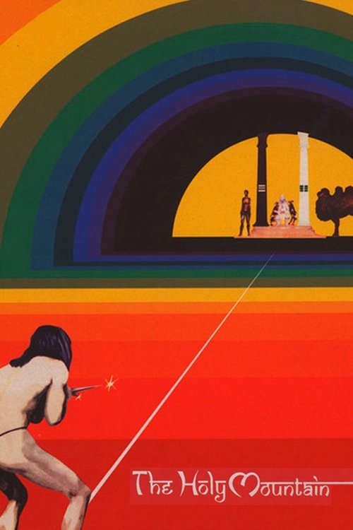 This vibrant poster features a silhouette of a woman in a black dress against a colorful rainbow backdrop, evoking a dreamlike atmosphere. The scene blends warm oranges, yellows, and blues with a serene, almost spiritual mood, suggesting a journey through a mystical landscape.