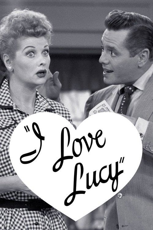 This TV show poster features iconic black-and-white portraits of Lucille Ball and Dean Martin, capturing their classic comedic chemistry. The heart-shaped overlay with the title "I Love Lucy" adds a nostalgic touch, while the checkered dress and formal attire evoke a timeless, glamorous era.