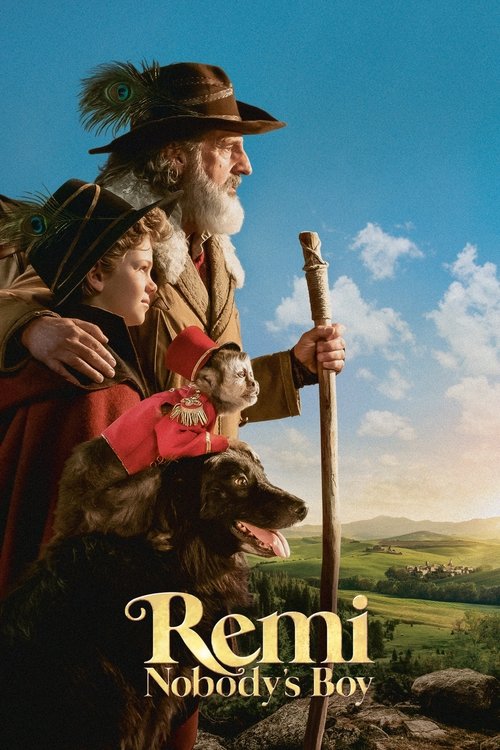 This movie poster features a warm, pastoral scene with a man and woman embracing a young boy on a horse, set against a bright blue sky with fluffy clouds. The earthy tones of the horse and the golden text create a nostalgic, heartwarming atmosphere that evokes the charm of a classic tale.