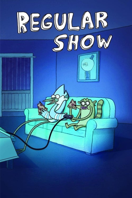 This TV show poster depicts a humorous scene from "Regular Show" featuring a man and woman lounging on a couch, with a cat watching them. The cool blue tones create a cozy, relaxed atmosphere, while the playful expressions and cartoonish characters evoke a sense of fun and comedy.
