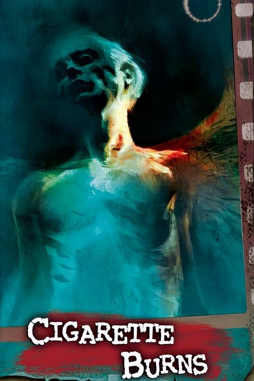 The poster features a hauntingly beautiful figure with a pale, ethereal face, glowing with a soft blue light against a dark, ominous background. The title "Cigarette Burns" is prominently displayed in bold, red letters at the bottom, evoking a sense of danger and mystery. The overall mood is eeri...