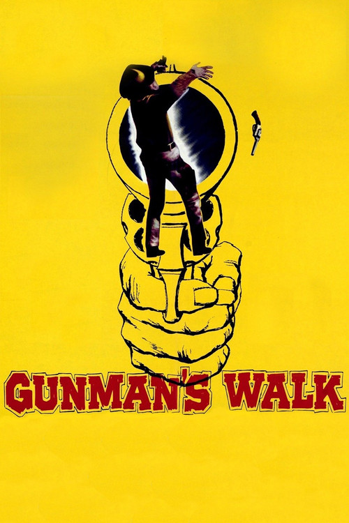 The poster features a silhouette of a man walking on a giant hand, set against a bright yellow background. The bold red text "GUNMAN'S WALK" emphasizes the gritty, action-packed nature of the film.